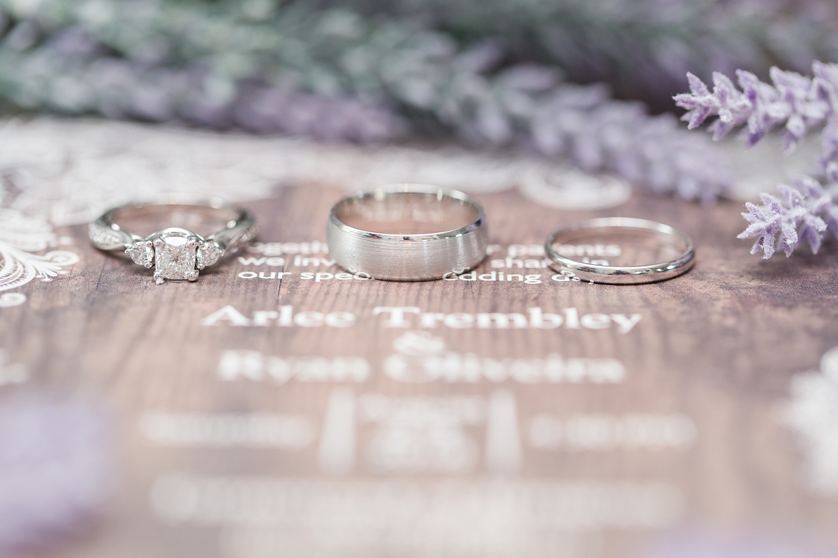 Detail shot of Bride & Groom's Rings and Invitation 