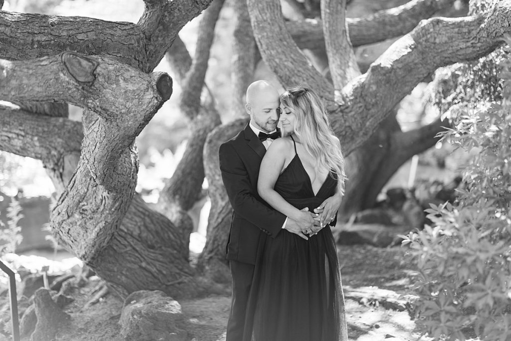 black and white photo of couple under tree