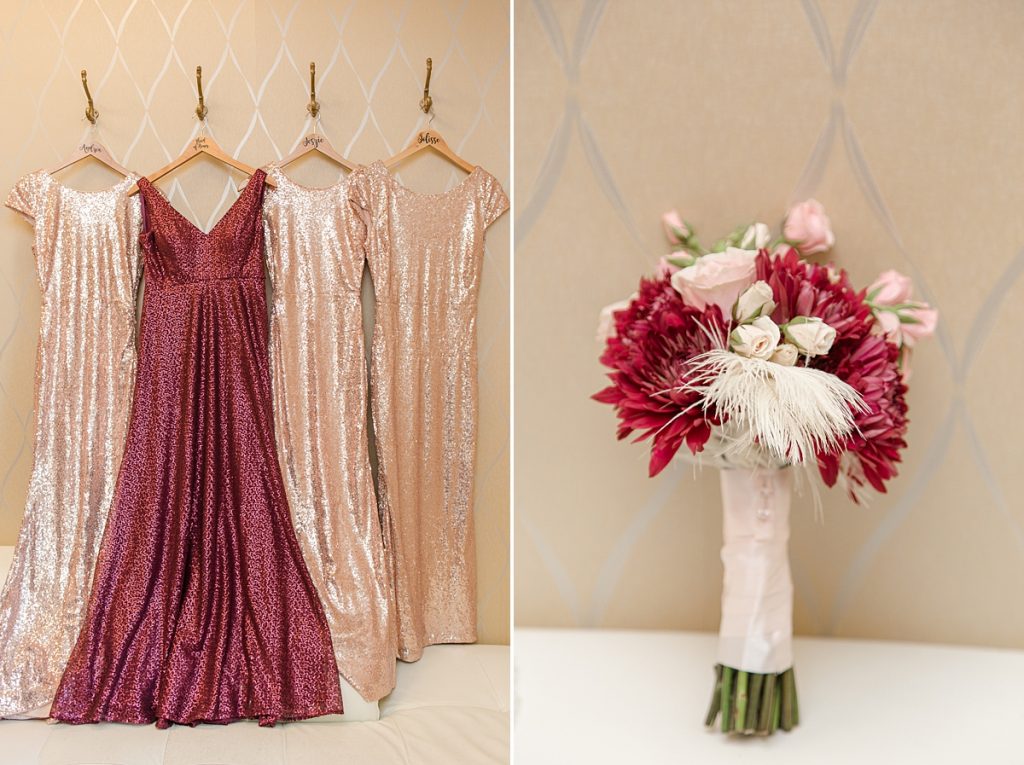 Pink and Burgundy Bridesmaid Dresses and Bouquet