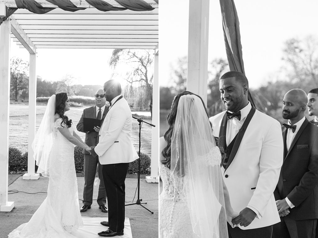 Black and White Photo of Bride and Groom Getting married